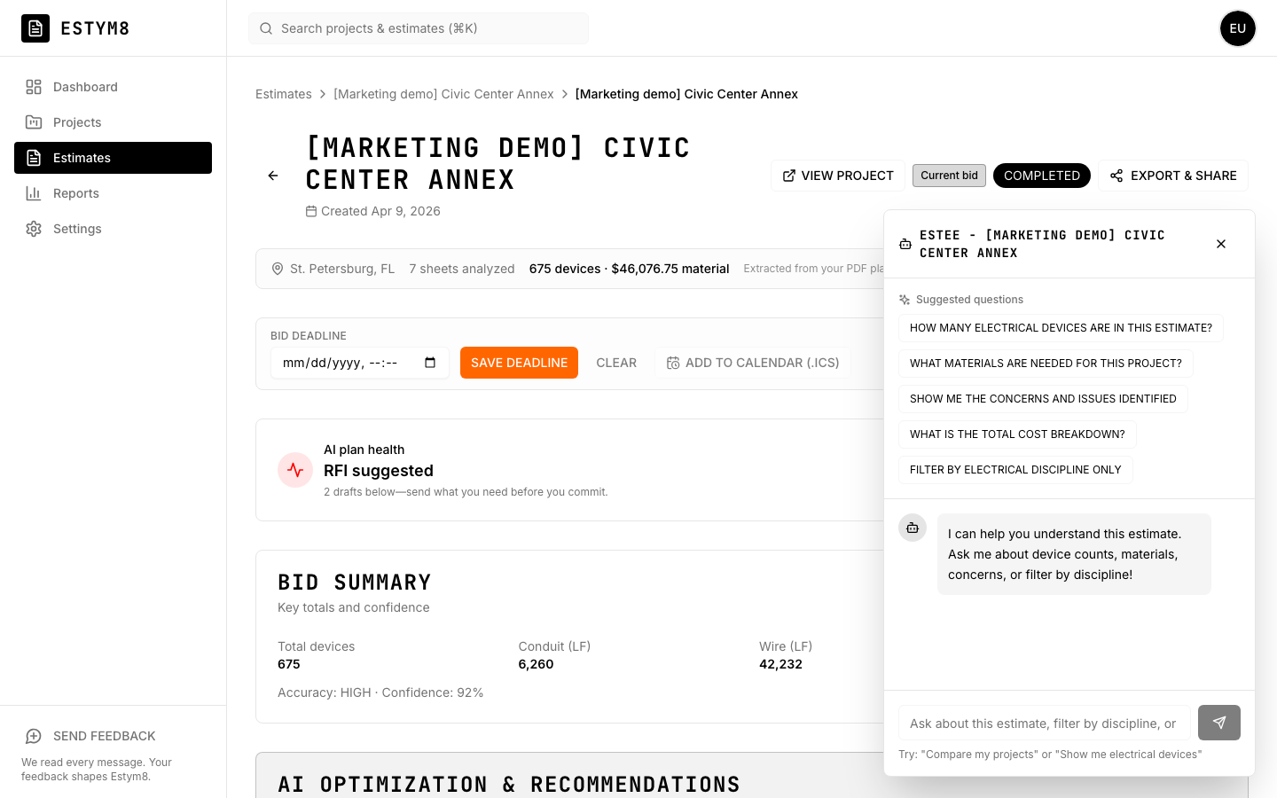 Estee AI assistant chat panel in Estym8.