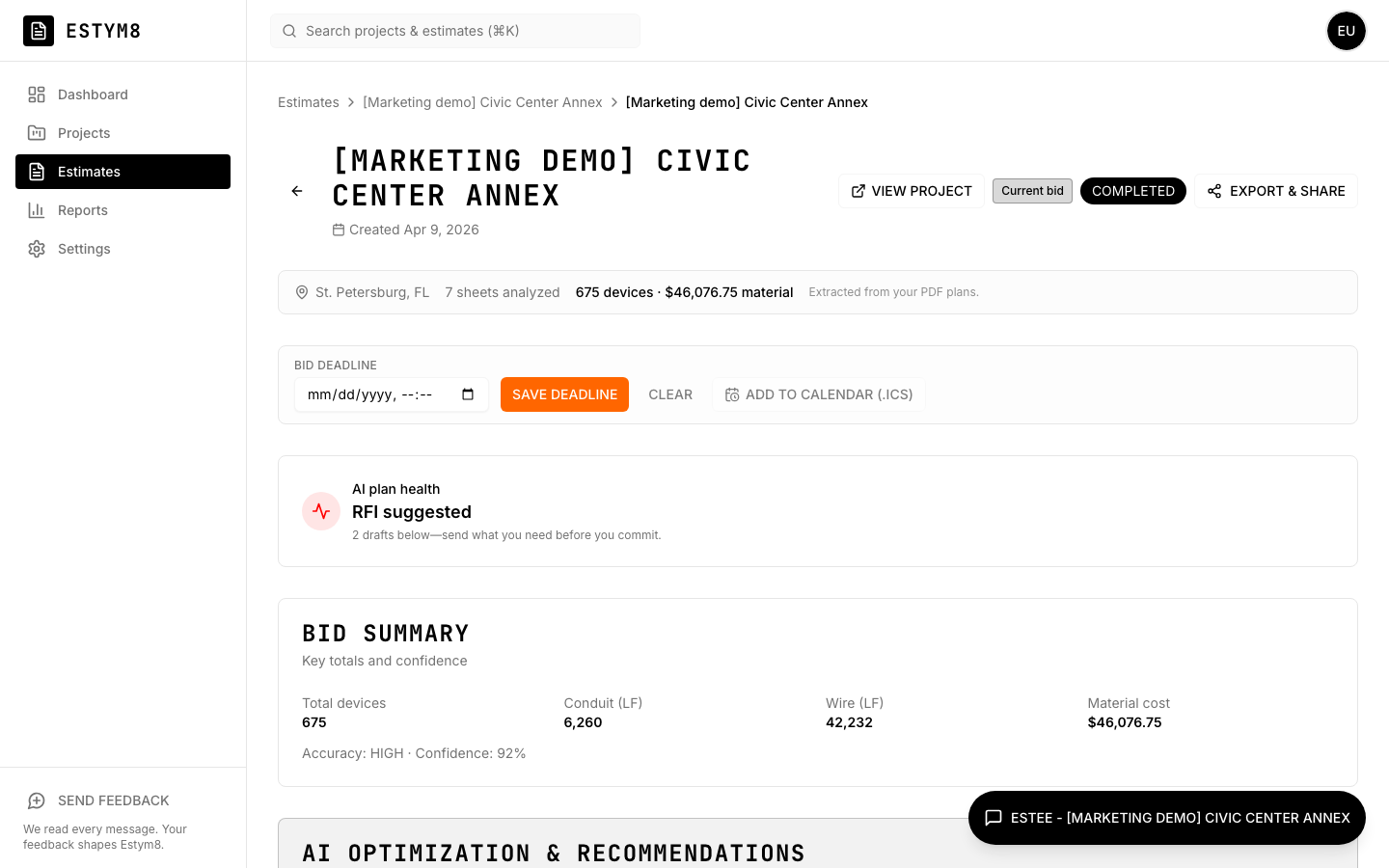 Estym8 estimate detail with bid summary, discipline breakdown, and plan intelligence cards.