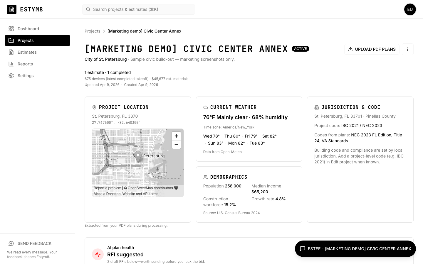 Estym8 project page with map, weather, jurisdiction, and demographic context.